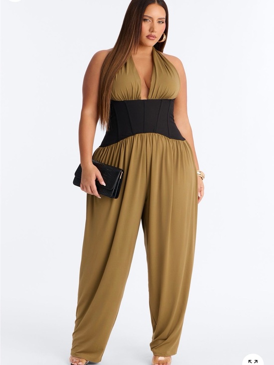 Fashion Nova Pants - Fashion Nova Olive Halter Jumpsuit with Black Corset Waist
